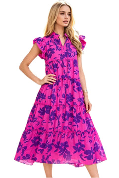 Oh Floral Ruffled Cap Sleeve Loose Flowy Summer Vacation Tiered Midi Dress Plus Size