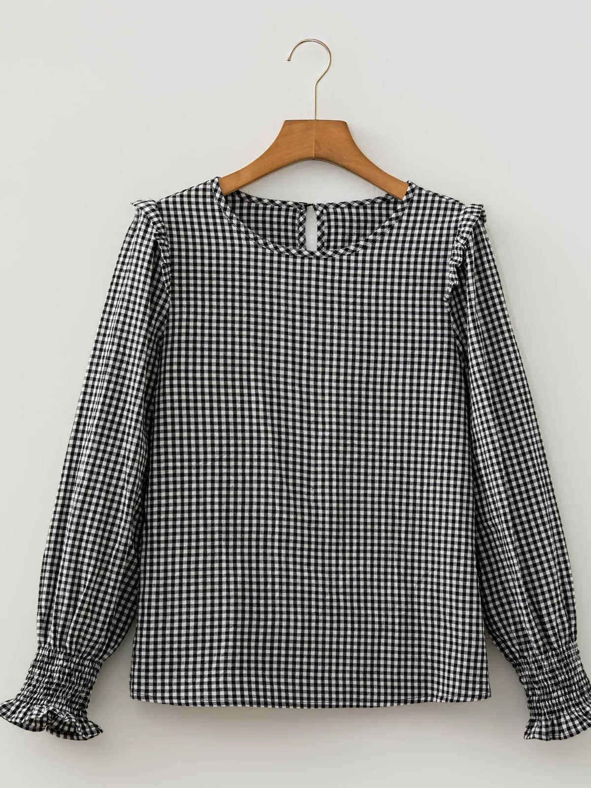Women's Plaid Shirred Cuff Long Sleeve Blouse