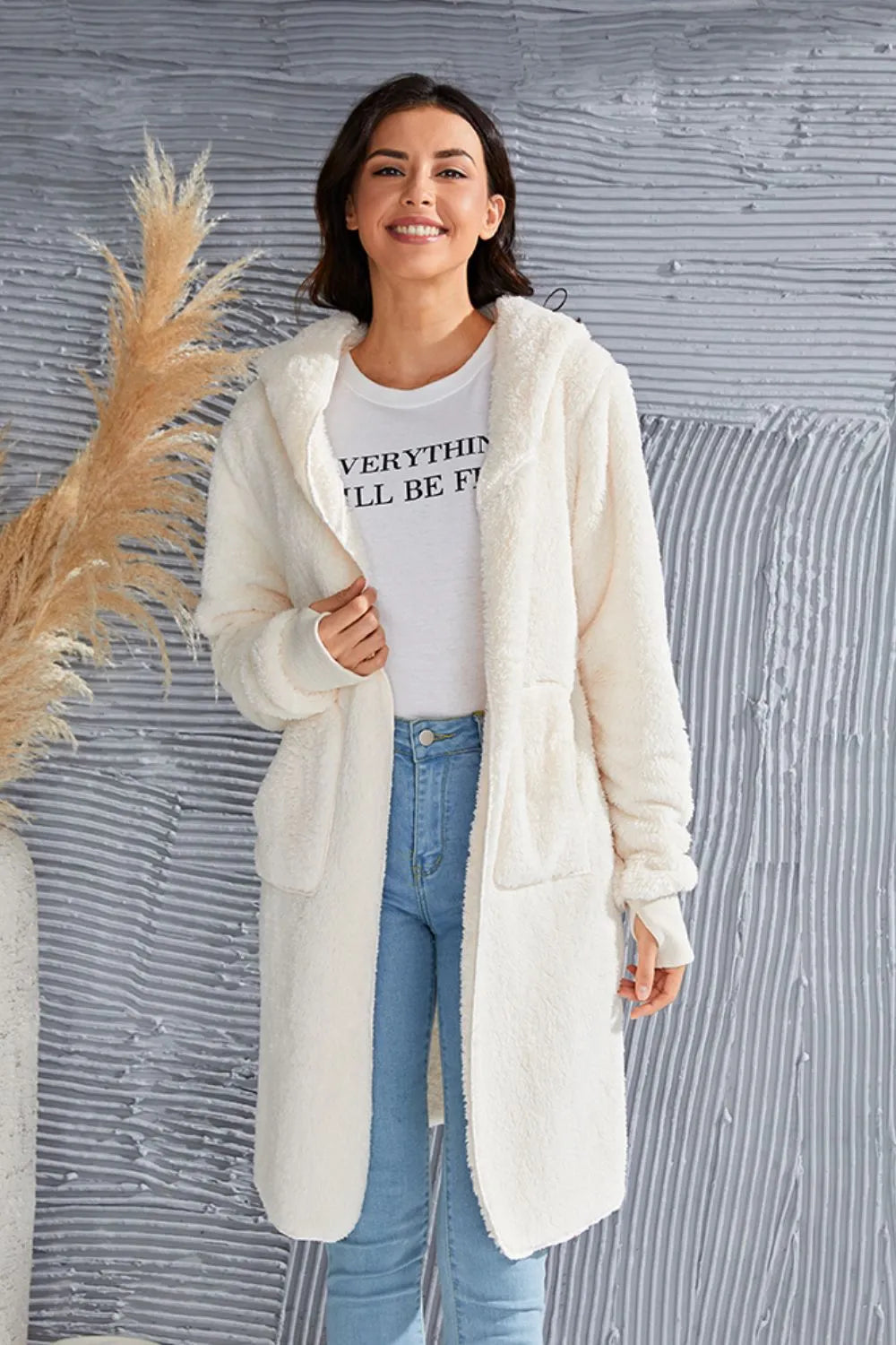 Double Take Women's Full Size Hooded Teddy Bear Jacket with Thumbholes