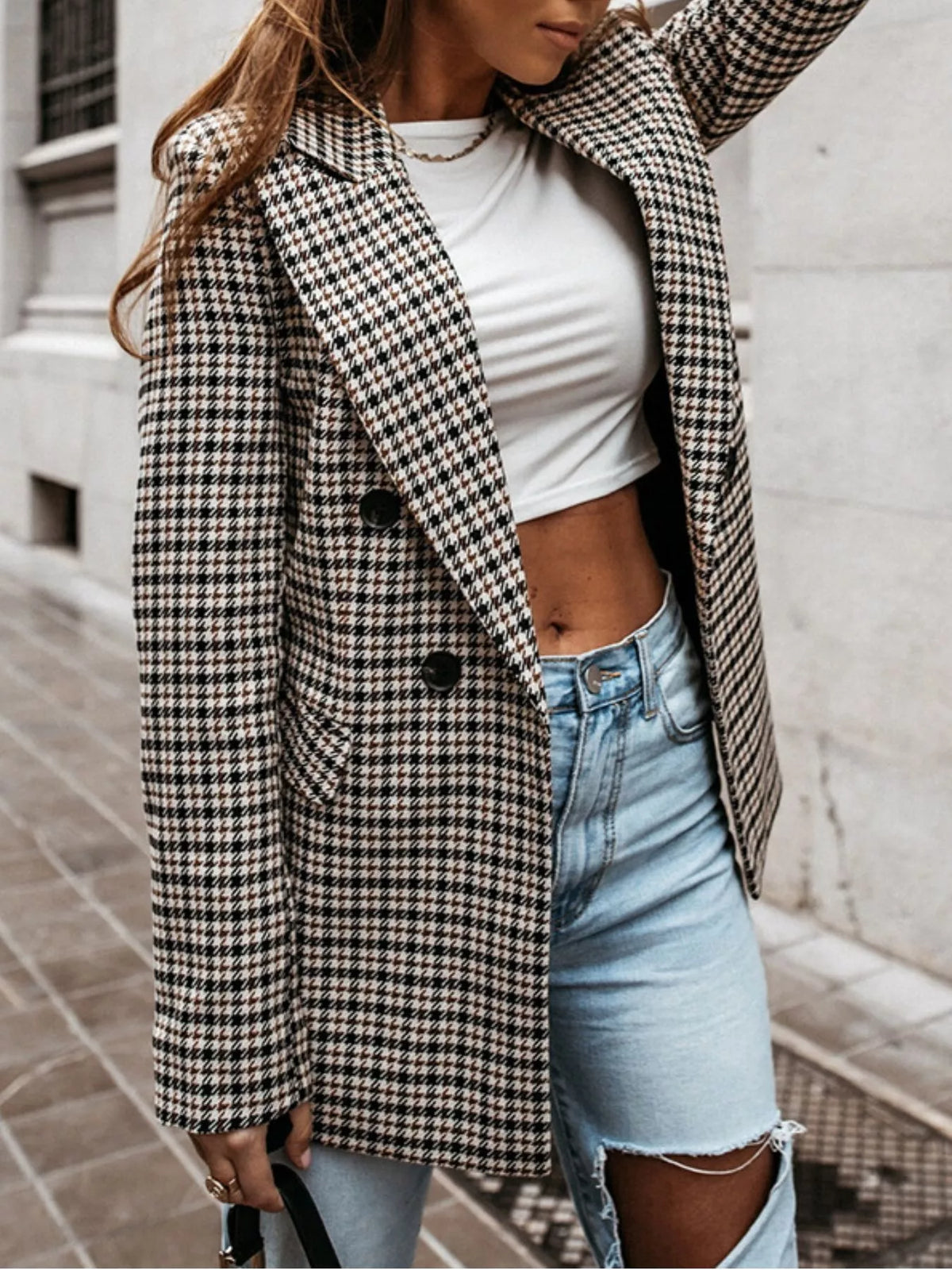 Classic Houndstooth Double Breasted Blazer