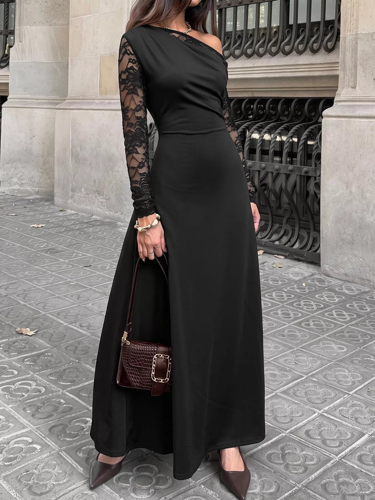 Lace Sleeve One Shoulder Maxi Dress