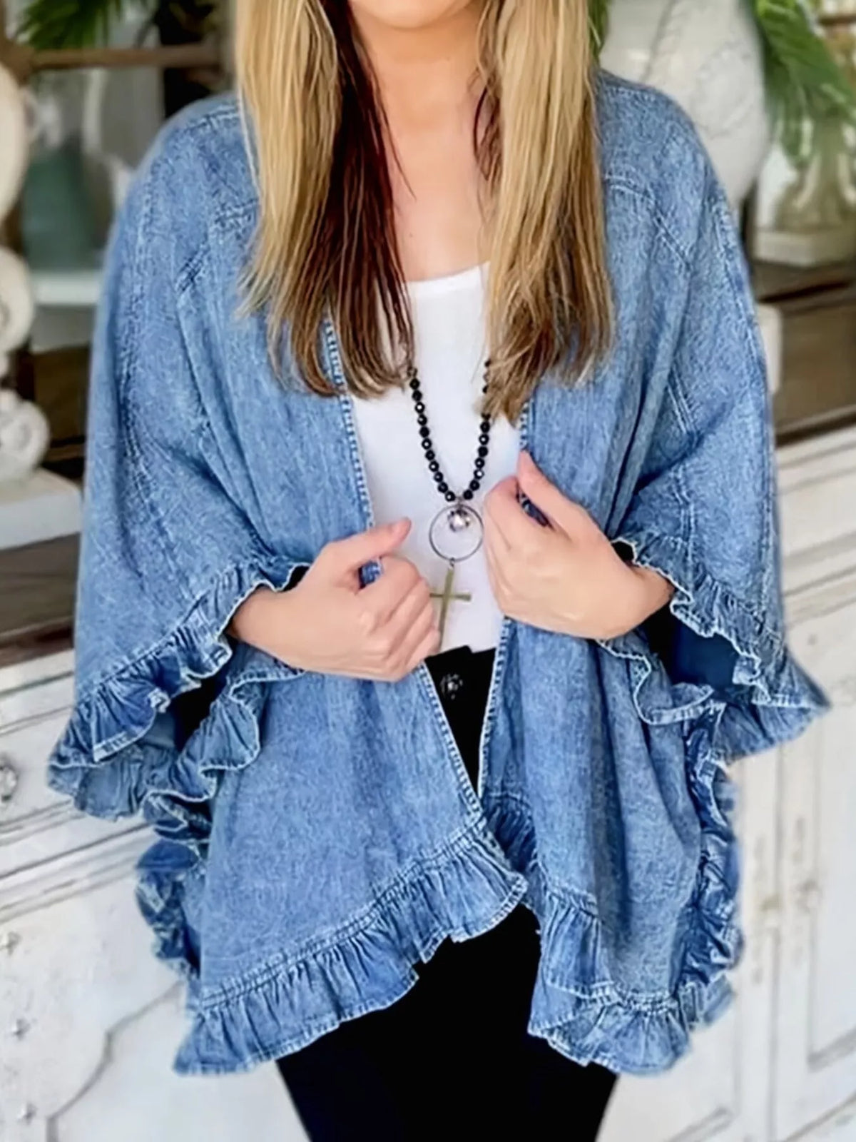 Ruffled Edge Open Front Denim Jacket Plus Size
