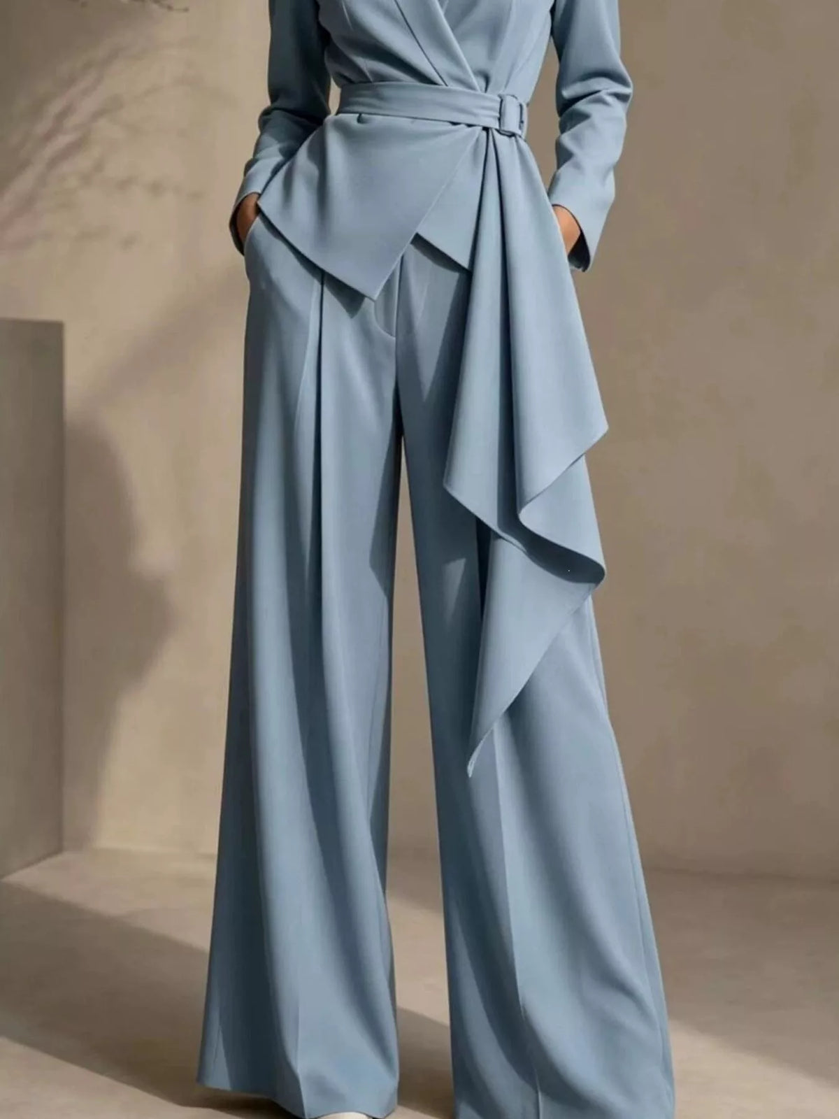 Belted Blazer and Wide Leg Pants Set Plus Size