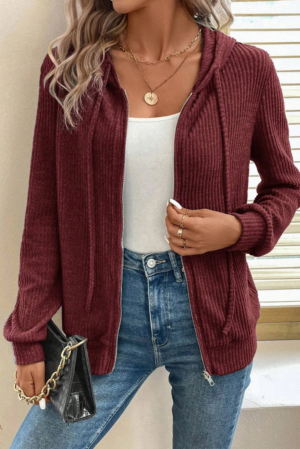 Drawstring Zip Up Long Sleeve Hooded Jacket for Women