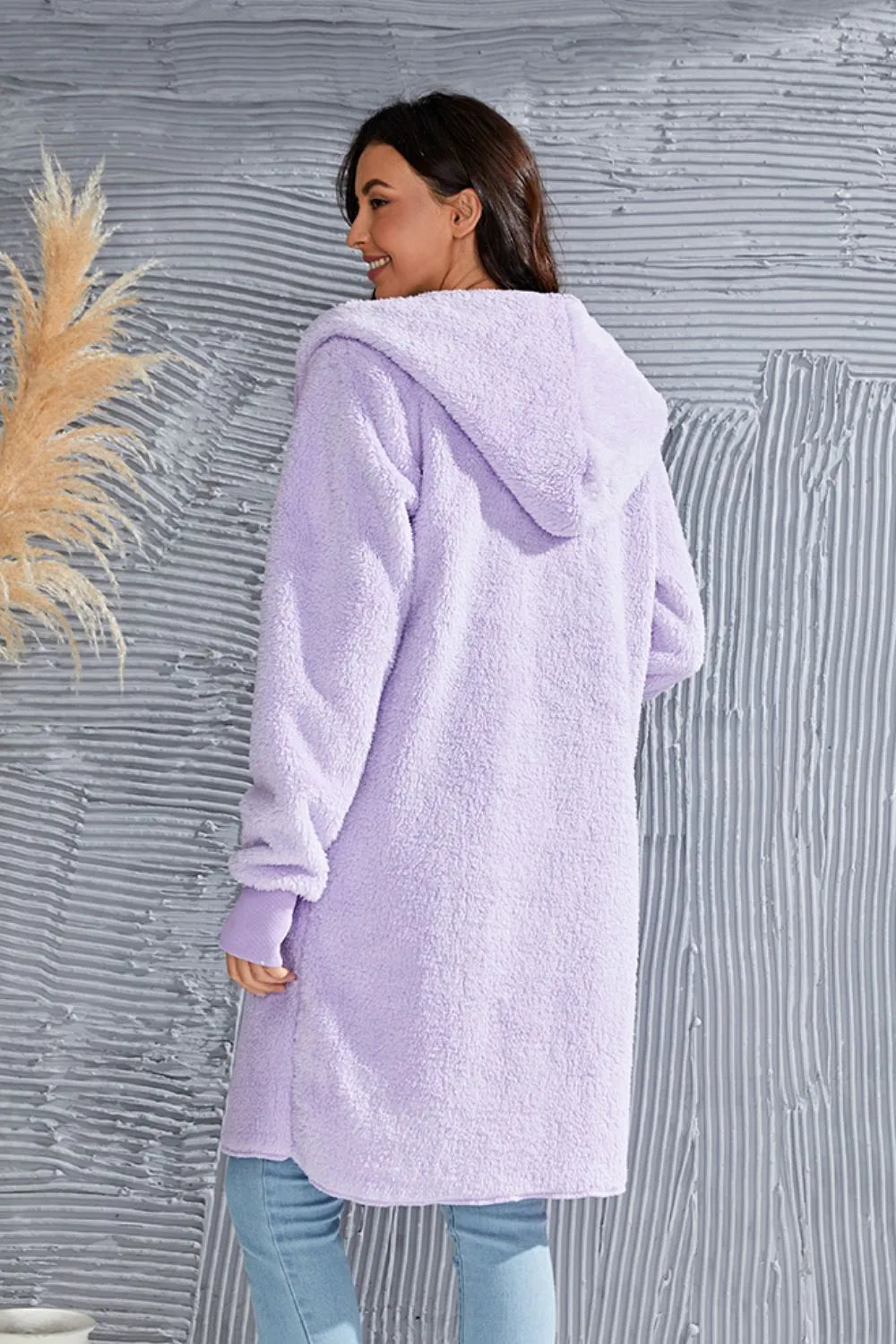 Double Take Women's Full Size Hooded Teddy Bear Jacket with Thumbholes