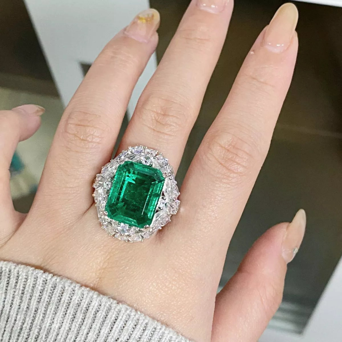 925 Sterling Silver Zircon Ring for Women in Dark Green