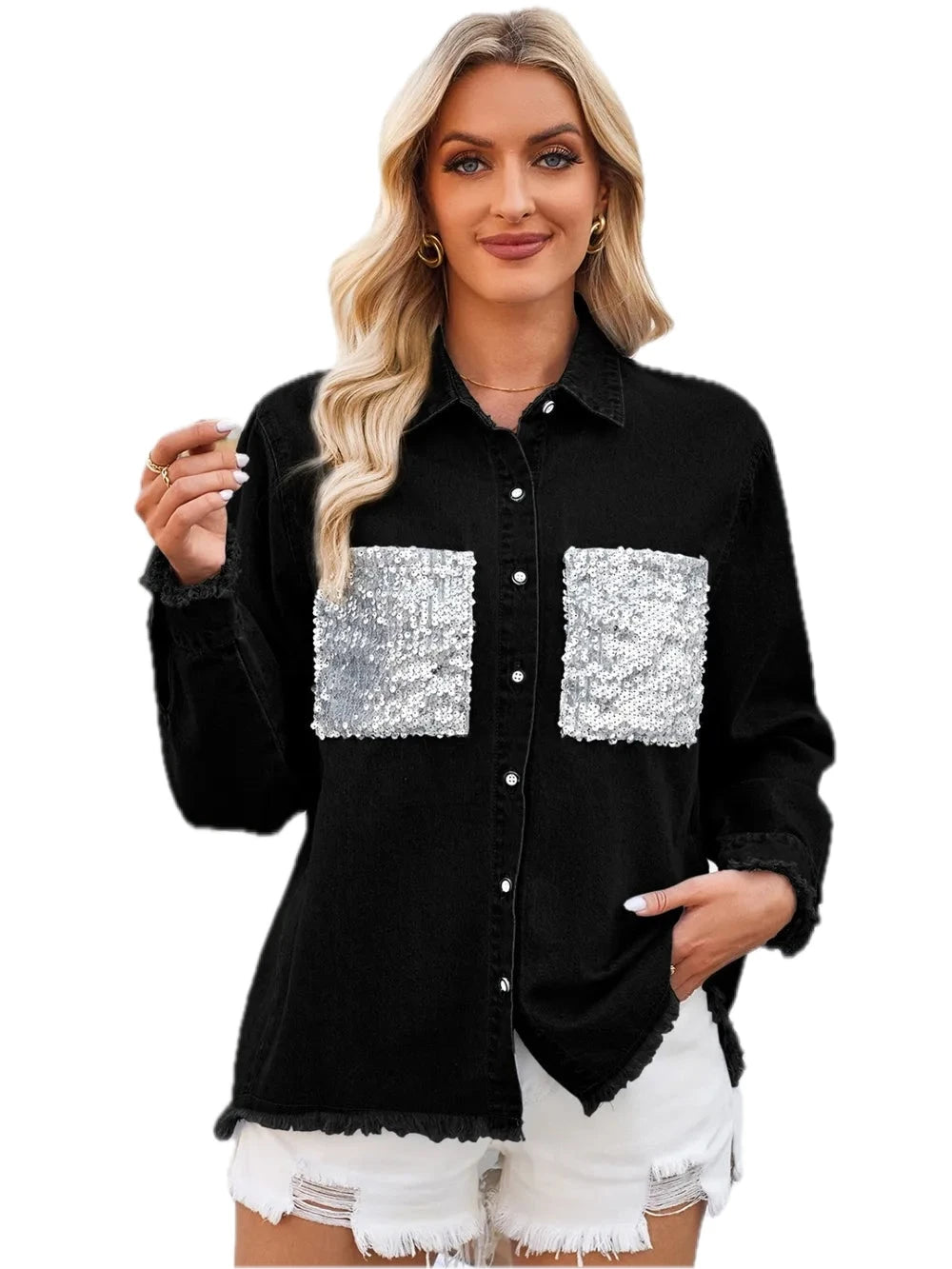 Raw Hem Sequin Pocket Denim Jacket
