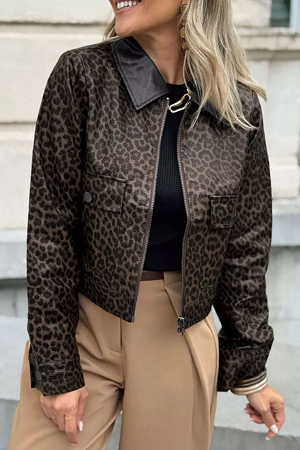 Leopard Cropped Faux Leather Jacket