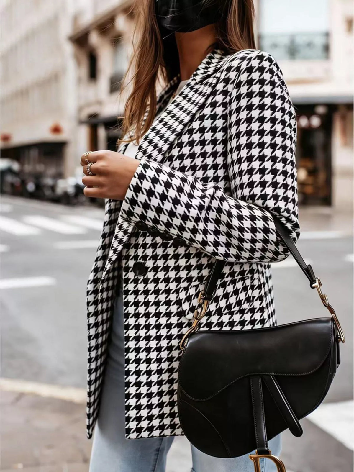 Classic Houndstooth Double Breasted Blazer