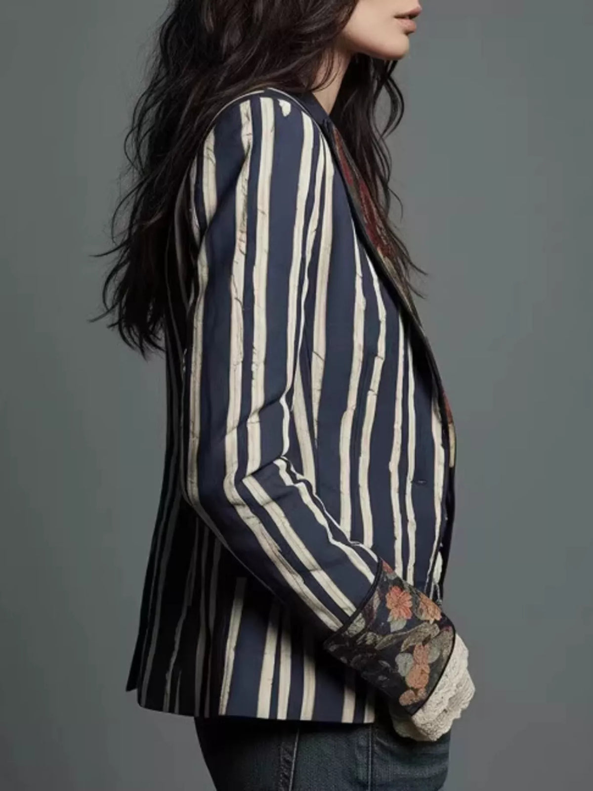 Striped Floral Slim Fit Blazer