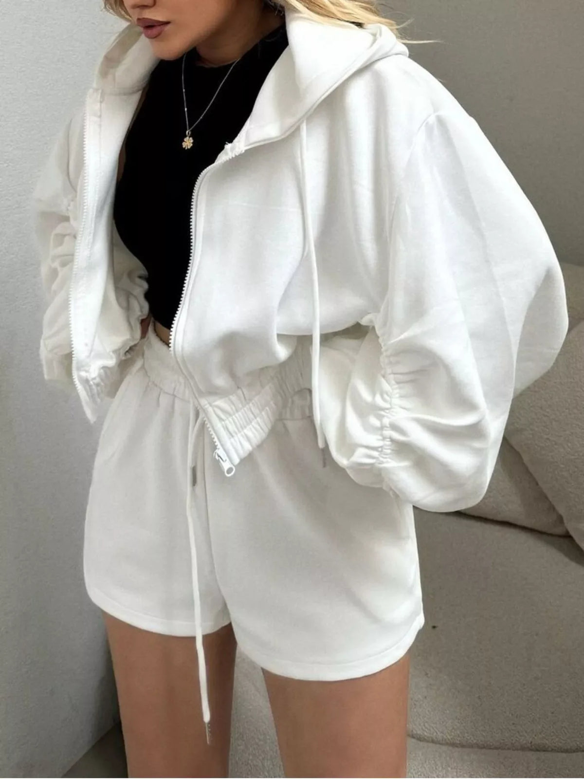 Zip-Up Jacket and High-Waisted Drawstring Shorts Set for Women