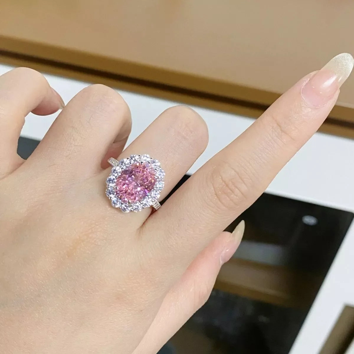 925 Sterling Silver Zircon Round Ring for Women in Blush Pink