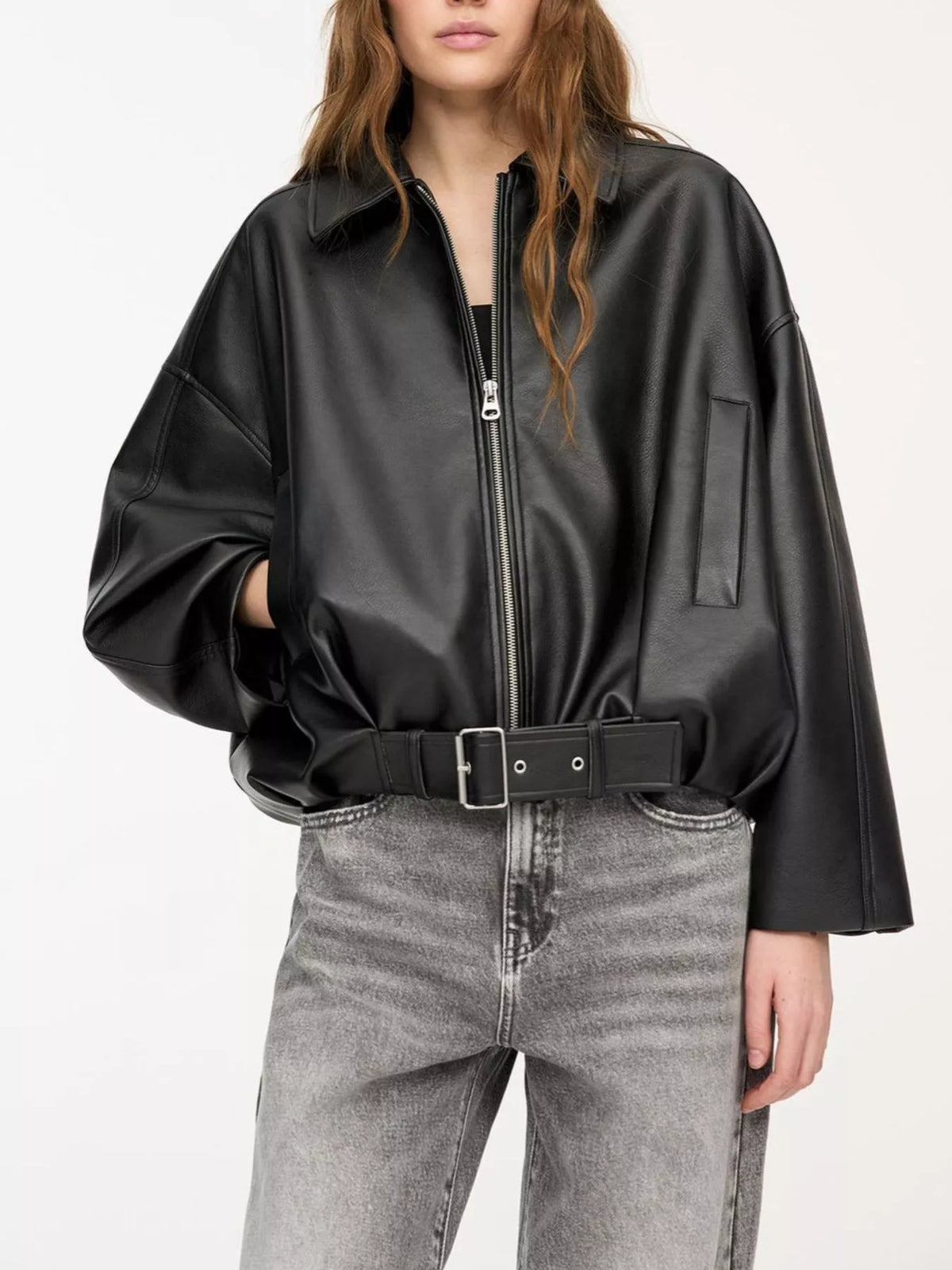 Belted Faux Leather Zip Up Jacket