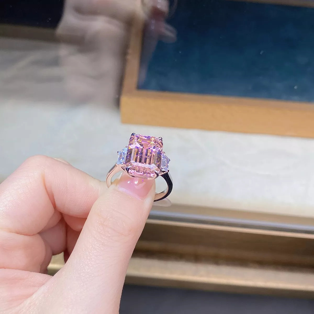 925 Sterling Silver Geometric Ring for Women in Blush Pink