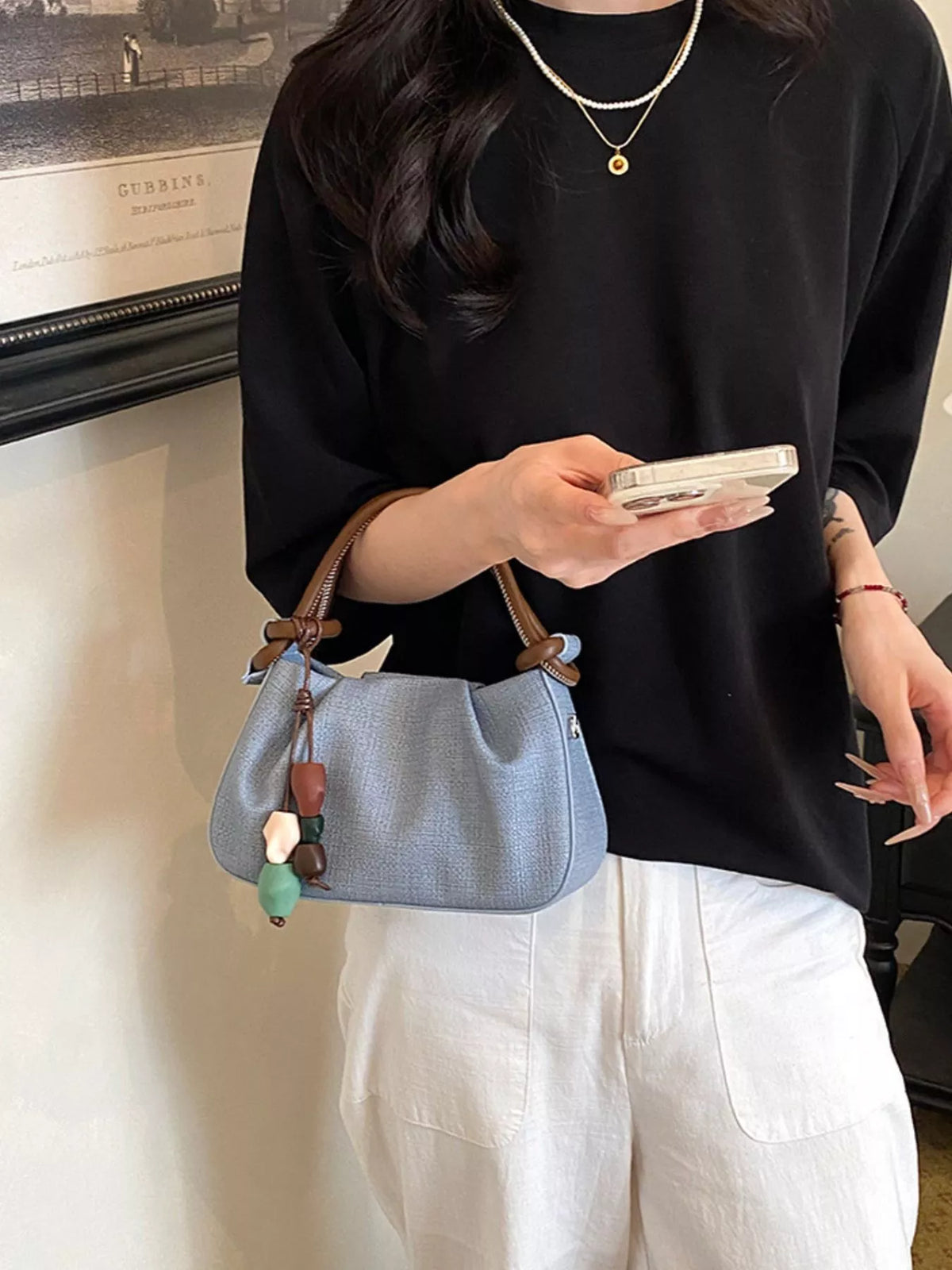 Ruched Top Handle Crossbody Bag in Blue