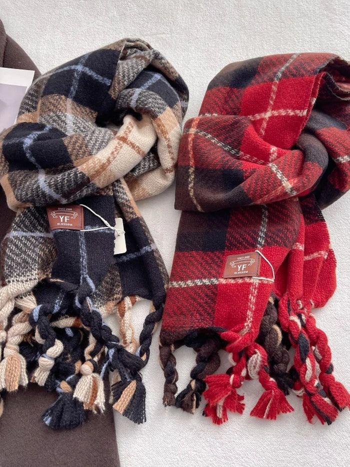 Warm Plaid Tassel Scarf for Women