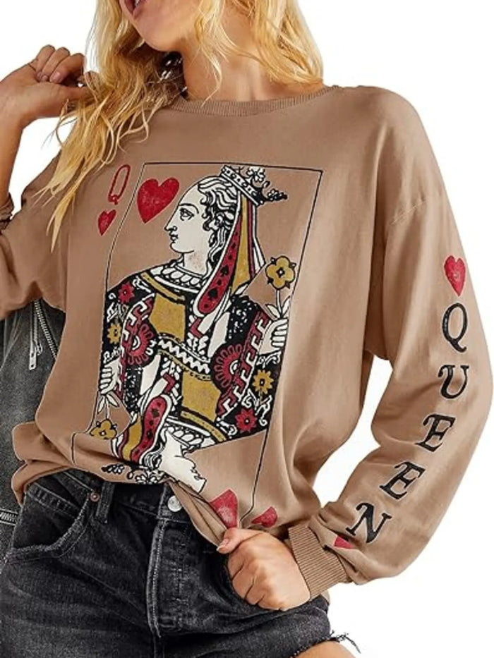 Queen of Hearts Playing Card Graphic Crew Neck Sweatshirt for Women