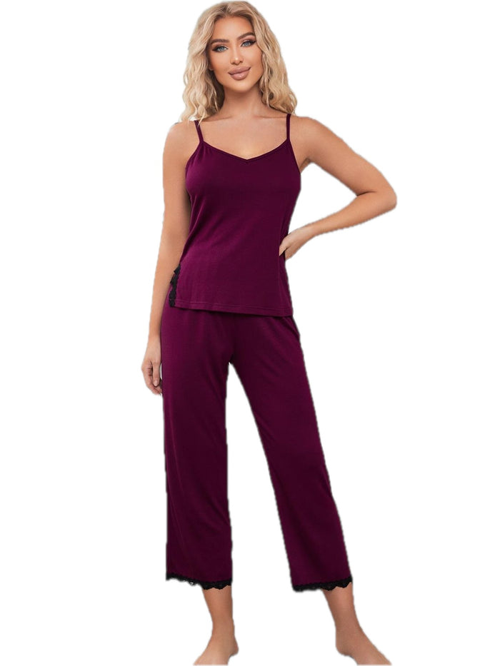 V-Neck Lace Trim Slit Cami and Pants Pajama Set for Women