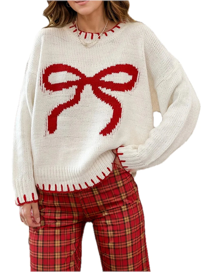 Acrylic Bow Crew Neck Long Sleeve Sweater for Women