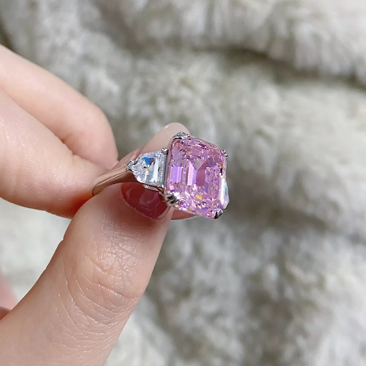 925 Sterling Silver Zircon Geometric Ring for Women in Blush Pink