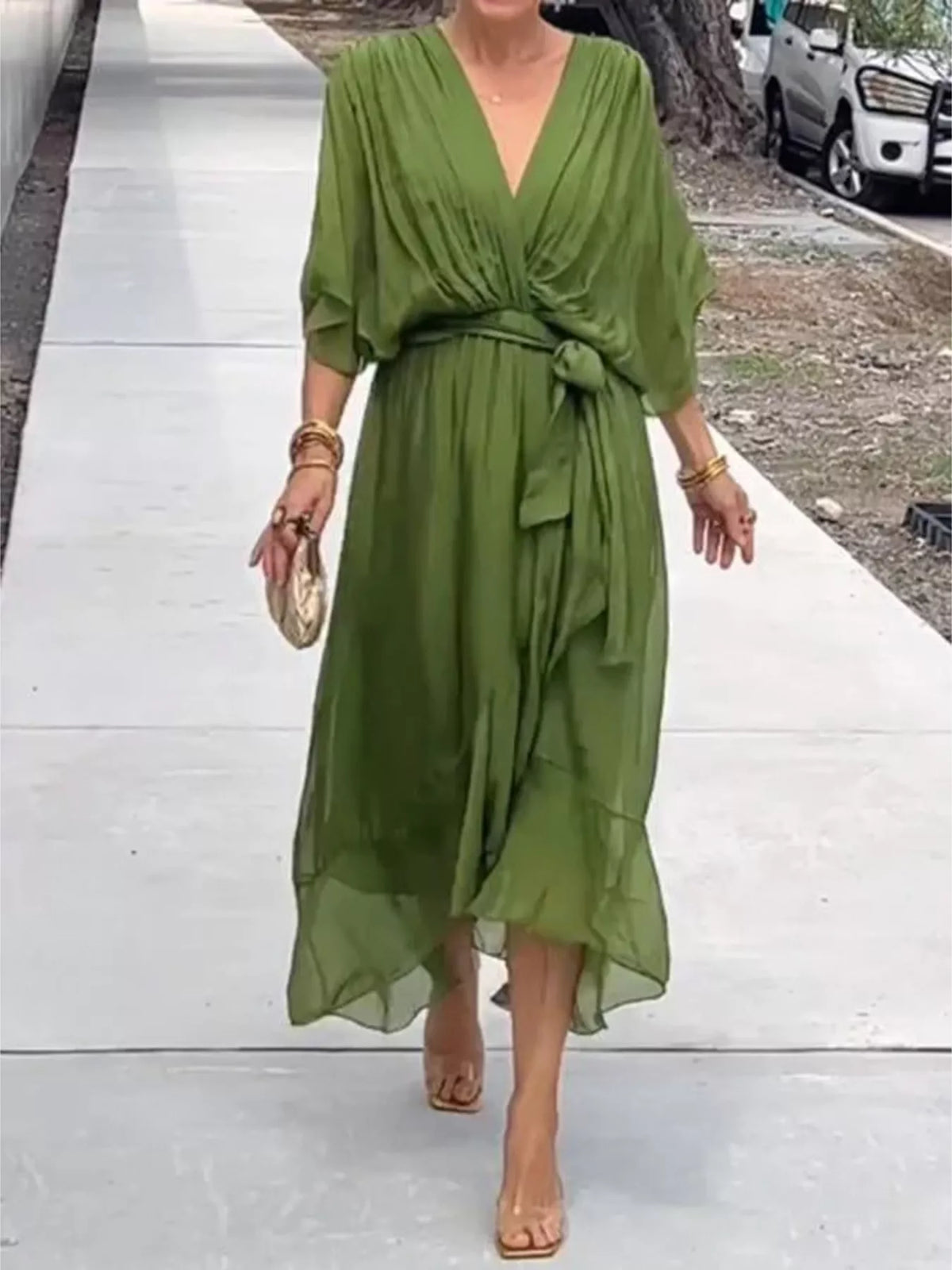 Chiffon Flutter Sleeve Wrap Dress Plus Size