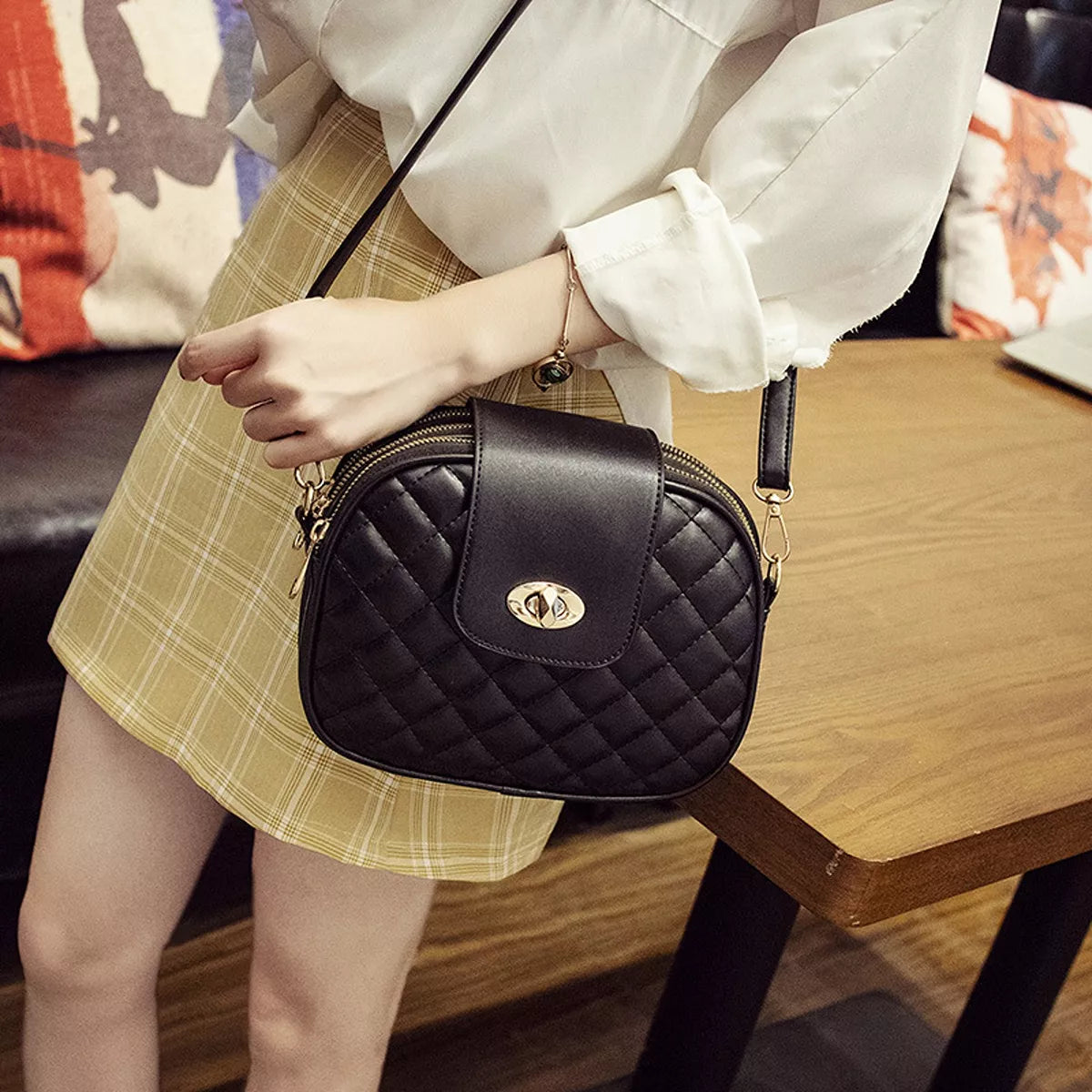 Quilted Turn Lock Crossbody Bag for Women