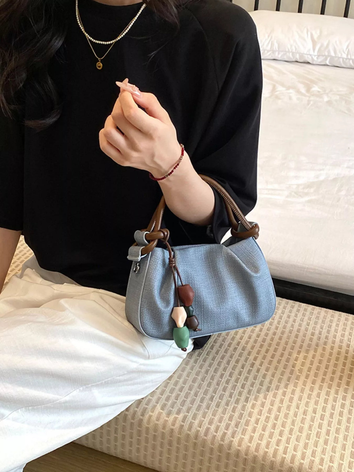 Ruched Top Handle Crossbody Bag in Blue