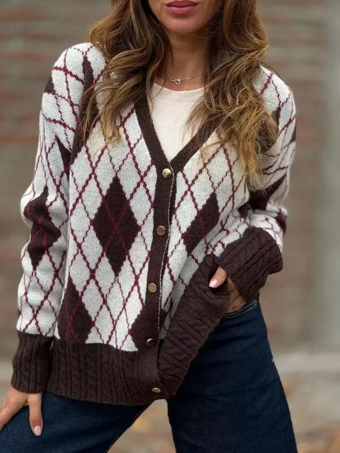 Full Size Argyle Pattern V-Neck Button-Down Knit Cardigan for Women Plus Size