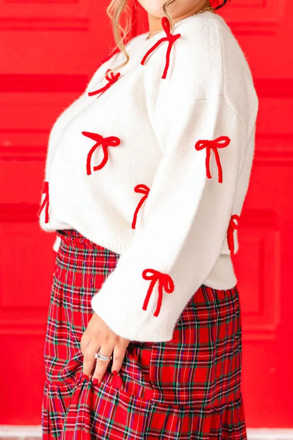 Acrylic Bow Trim Crew Neck Sweater