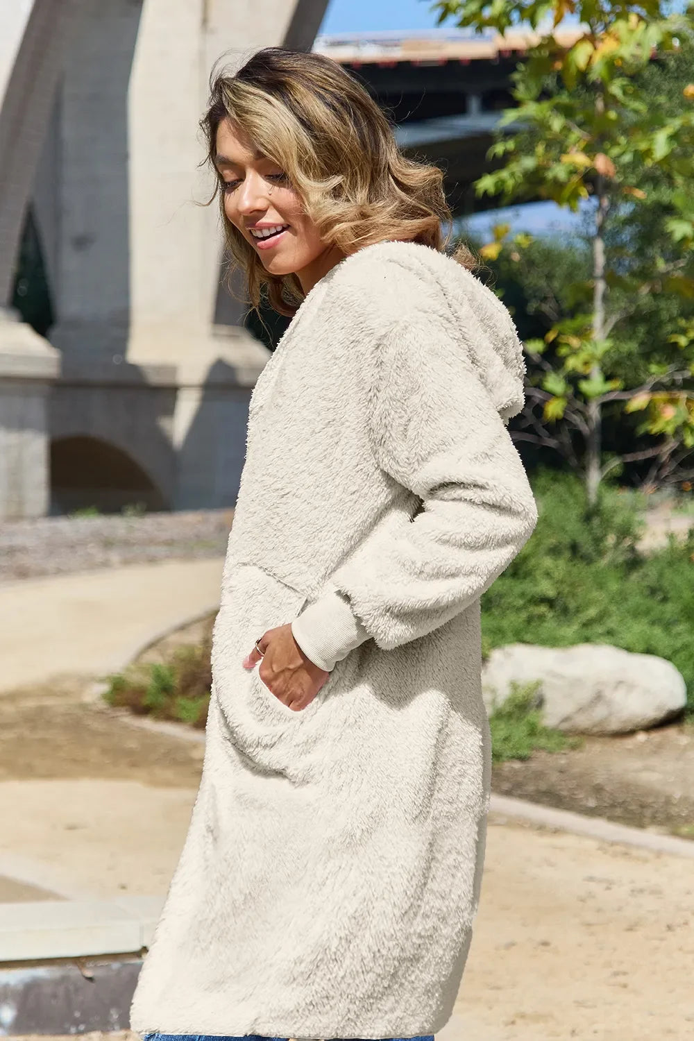 Double Take Women's Full Size Hooded Teddy Bear Jacket with Thumbholes