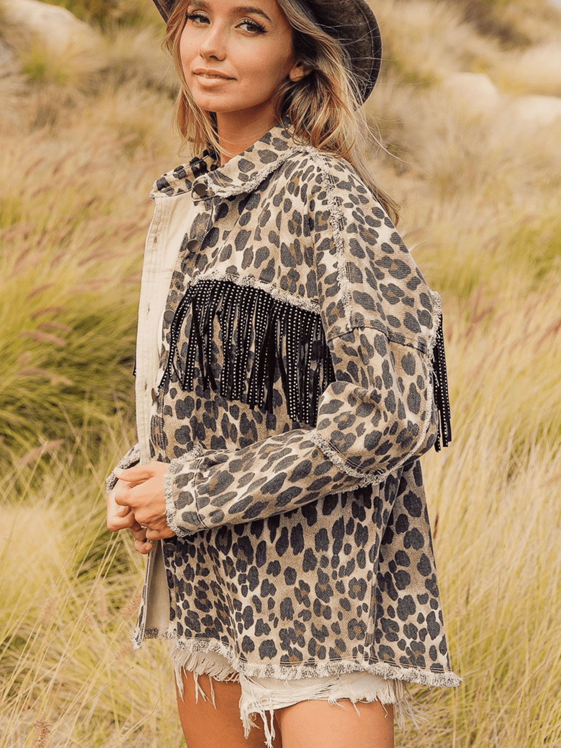 Leopard Fringe Denim Jacket