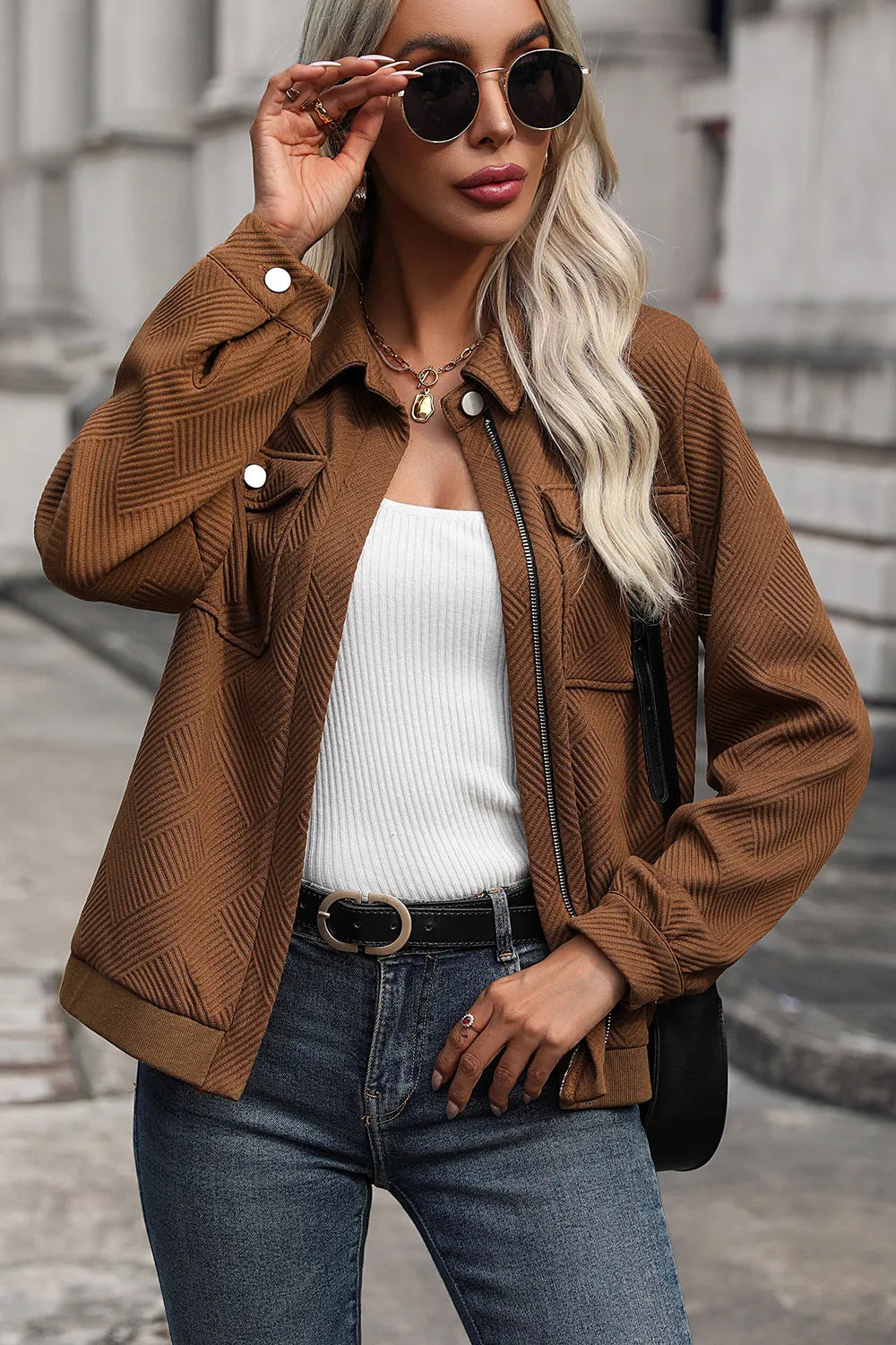 Perfee Textured Zip Up Collared Neck Jacket for Women