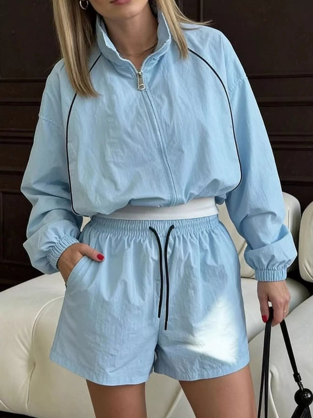 Zip-Up Jacket and Shorts Two-Piece Set for Women