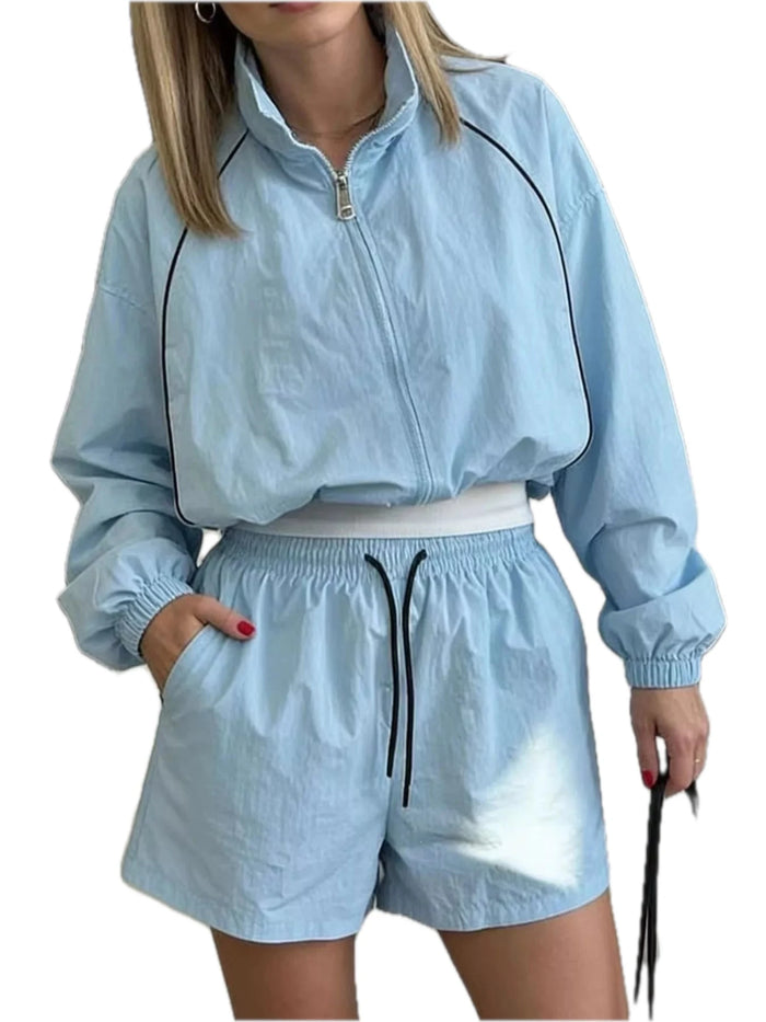 Zip-Up Jacket and Shorts Two-Piece Set for Women