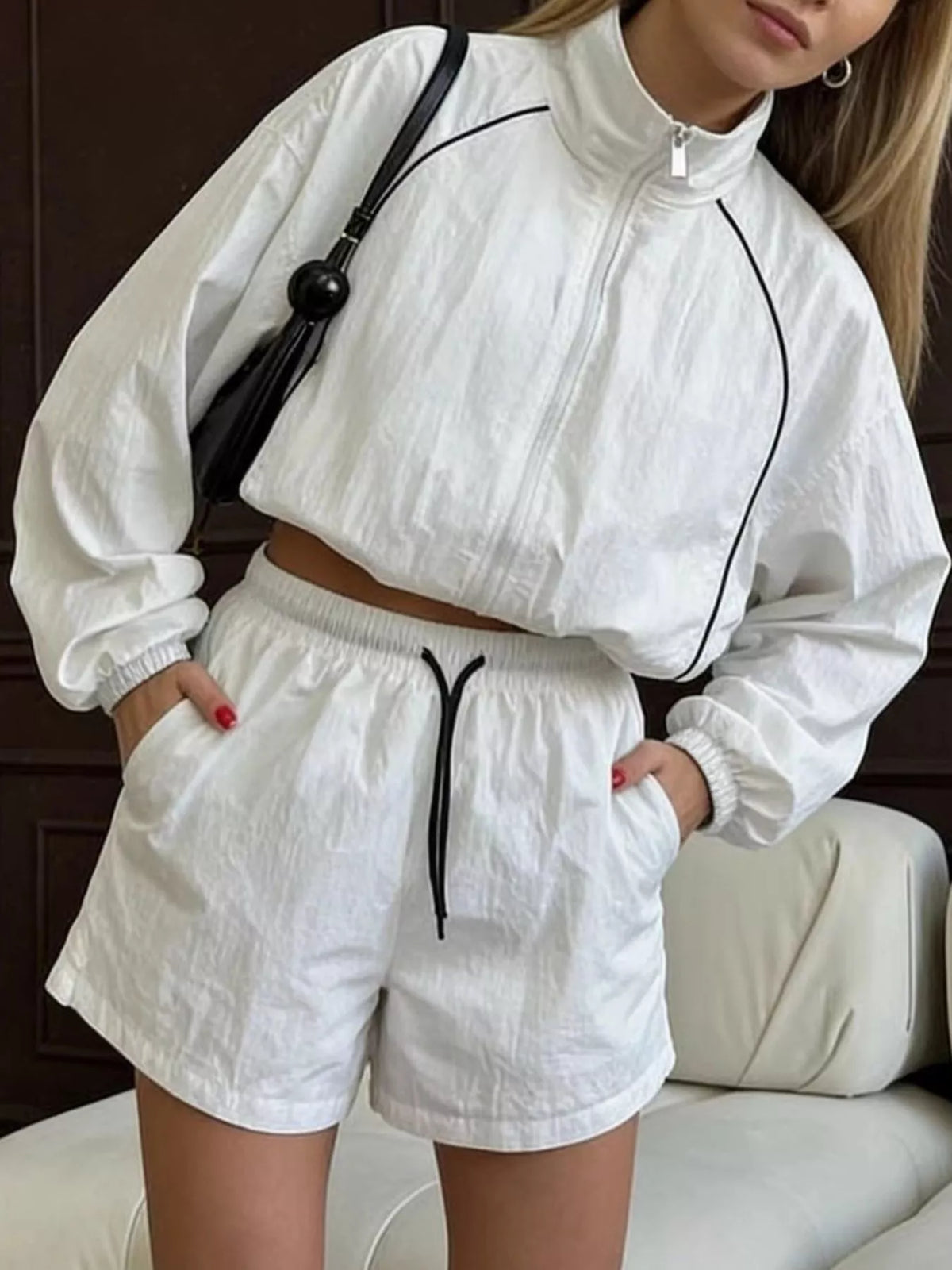 Zip-Up Jacket and Shorts Two-Piece Set for Women