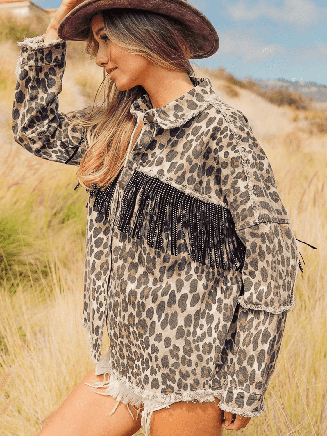 Leopard Fringe Denim Jacket