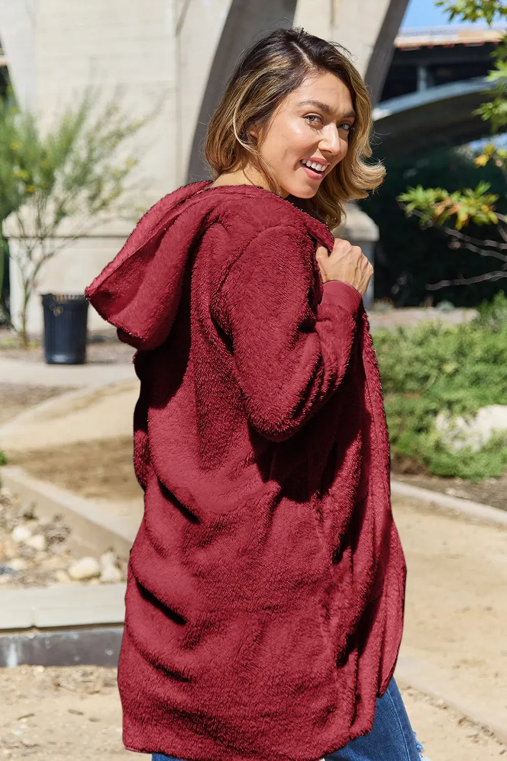 Double Take Women's Full Size Hooded Teddy Bear Jacket with Thumbholes