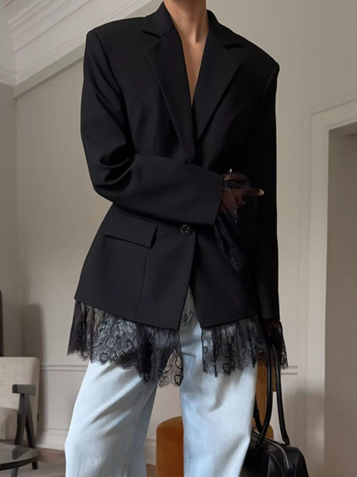 Lace Hem Lapel Blazer