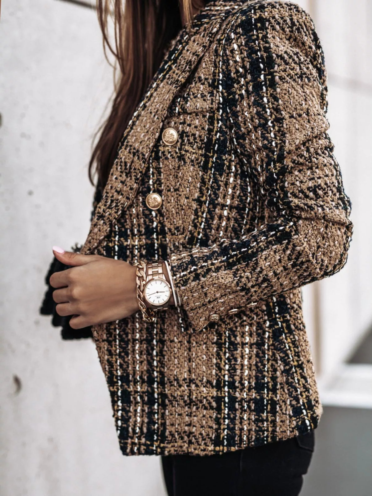 Plaid Tweed Double Breasted Blazer Plus Size