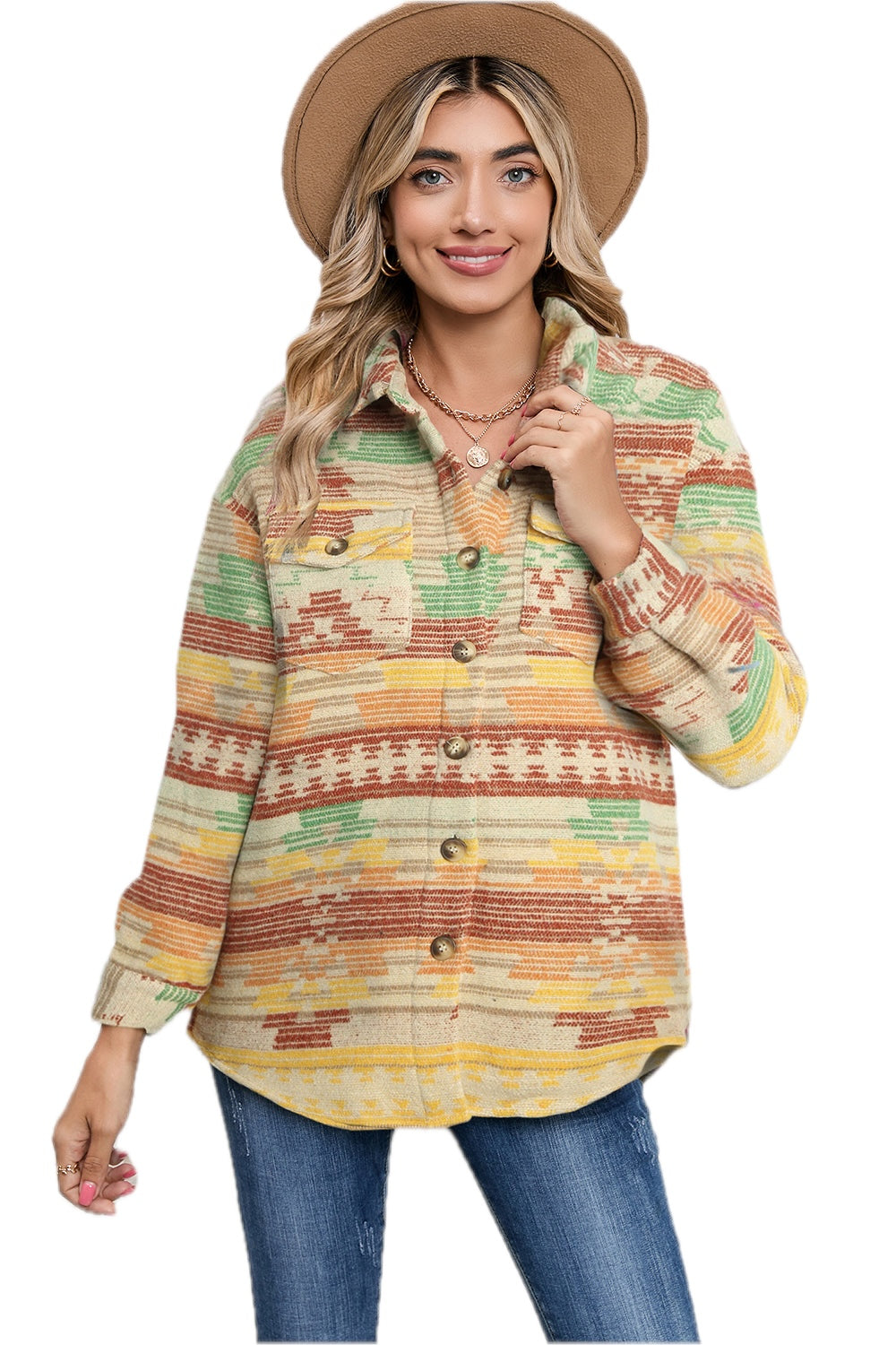 Geometric Button Down Collared Jacket for Women