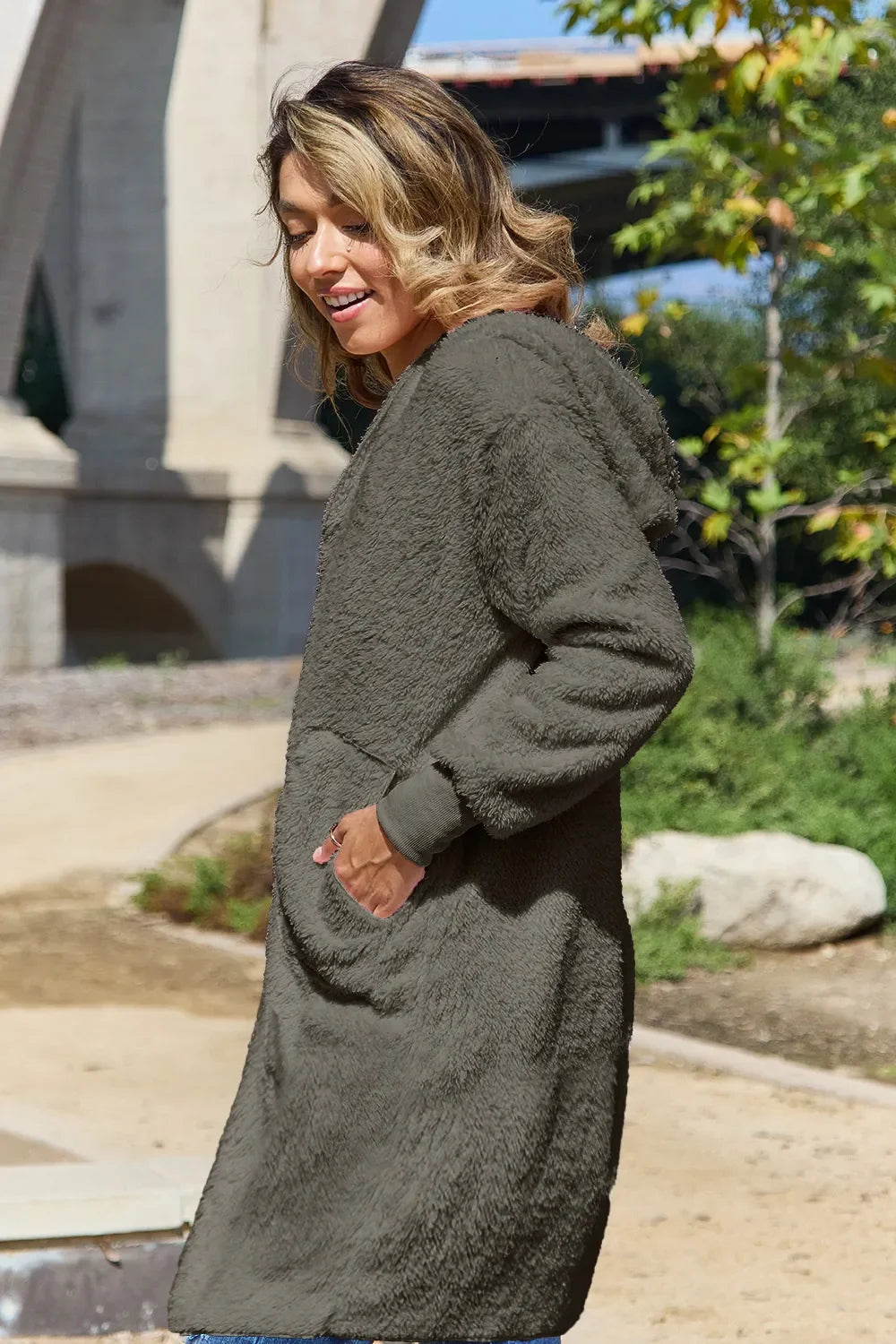 Double Take Women's Full Size Hooded Teddy Bear Jacket with Thumbholes