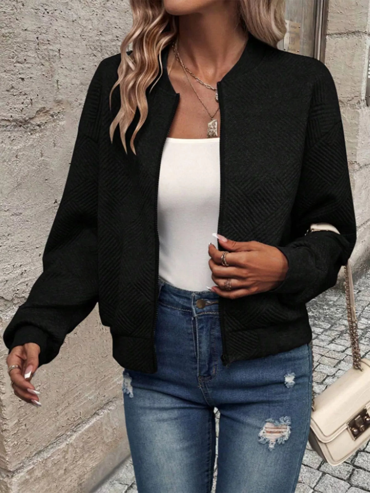 Textured Knit Zip Up Jacket
