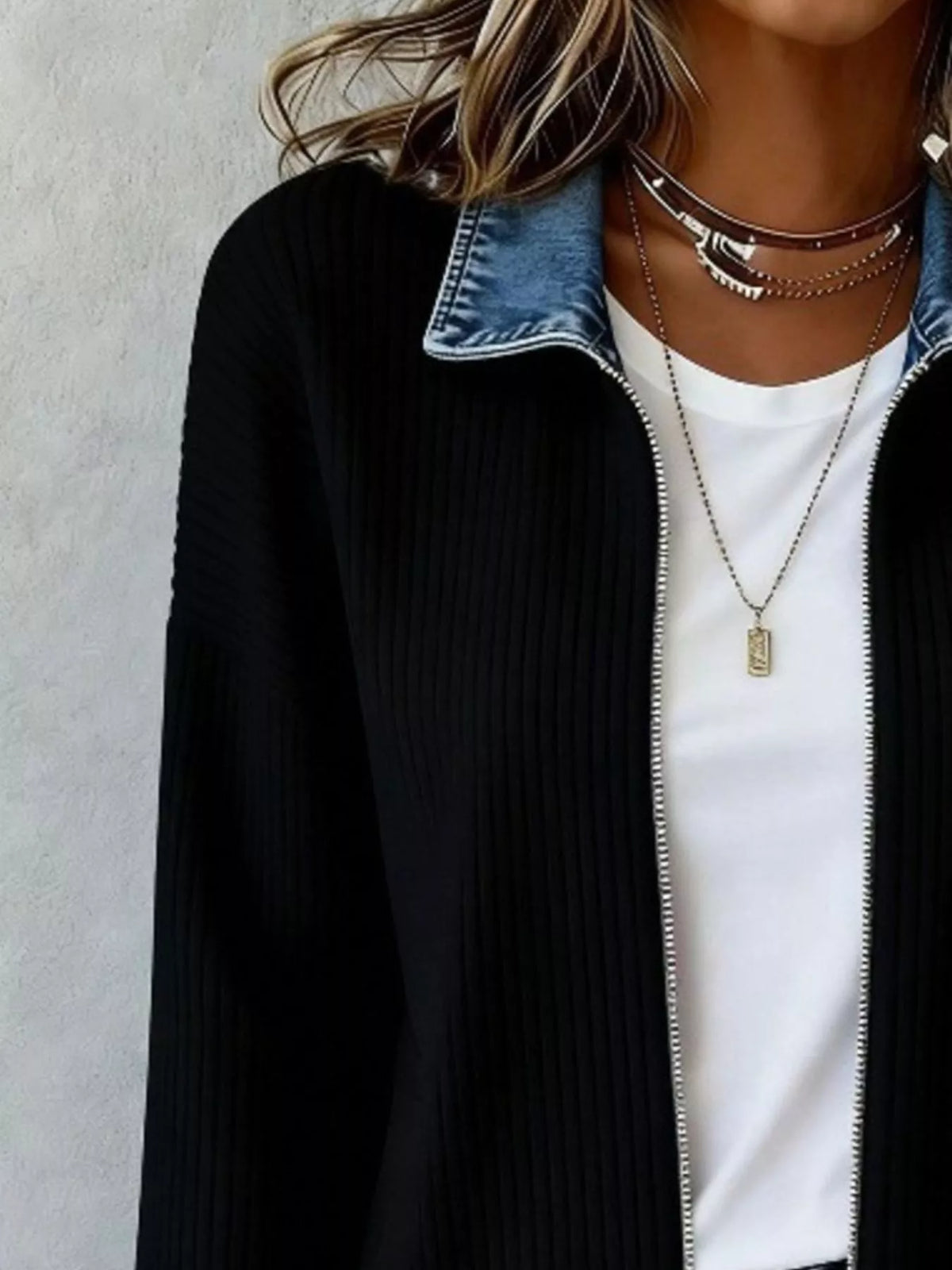 Contrast Denim Collar Knit Jacket