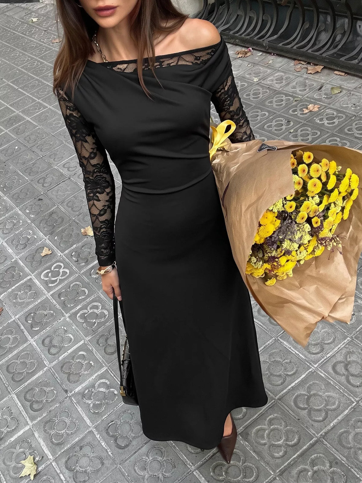 Lace Sleeve One Shoulder Maxi Dress