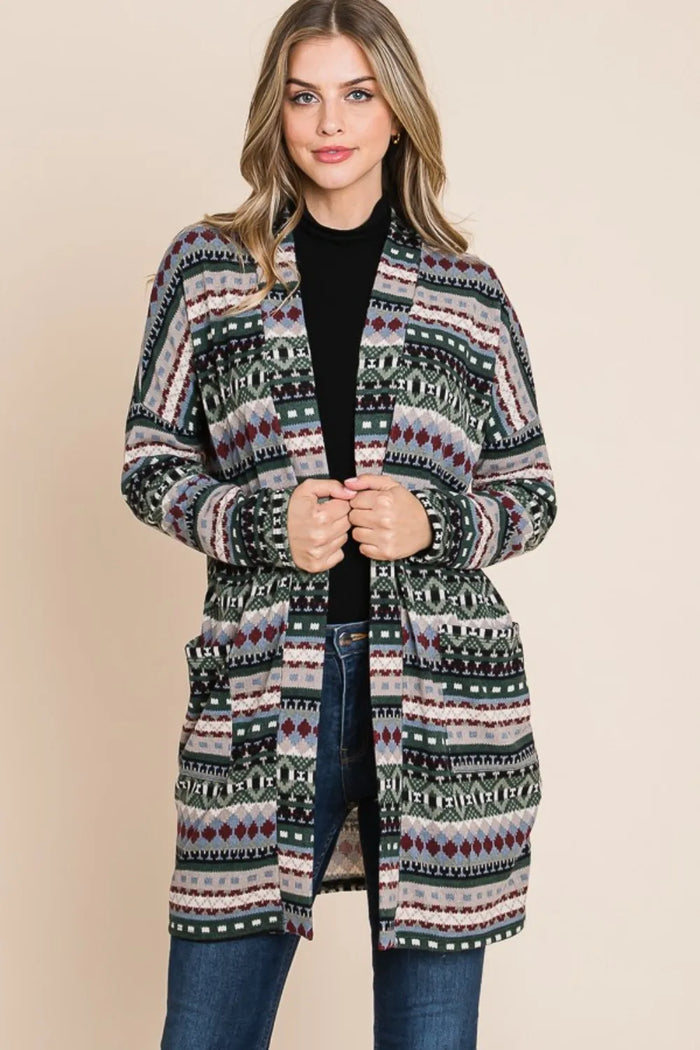 BOMBOM Geometric Open Front Long Sleeve Cardigan for Women with Pockets