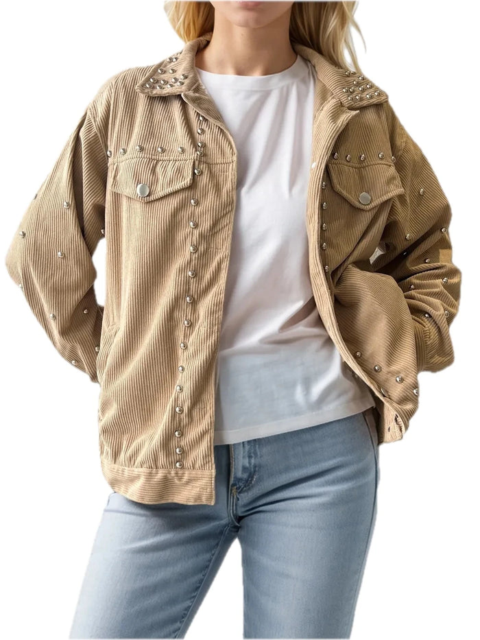 Studded Collared Neck Button Up Jacket for Women