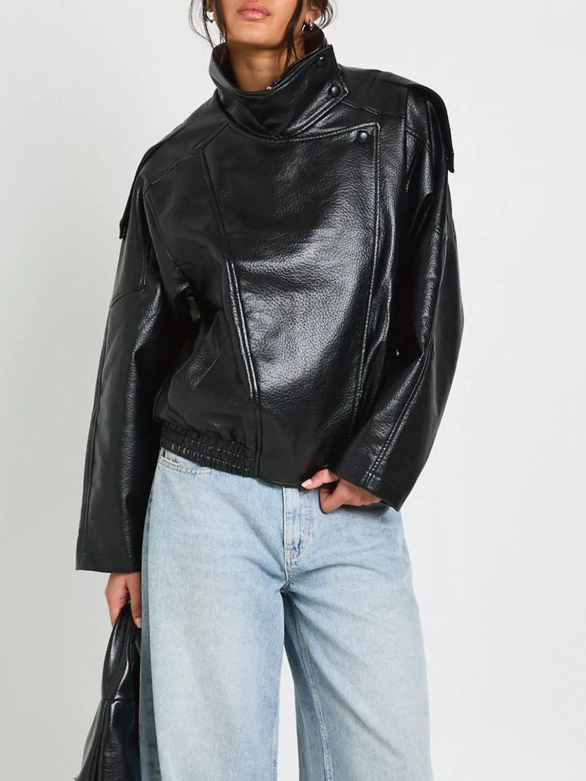 Faux Leather Moto Jacket for Women with Asymmetrical Zip