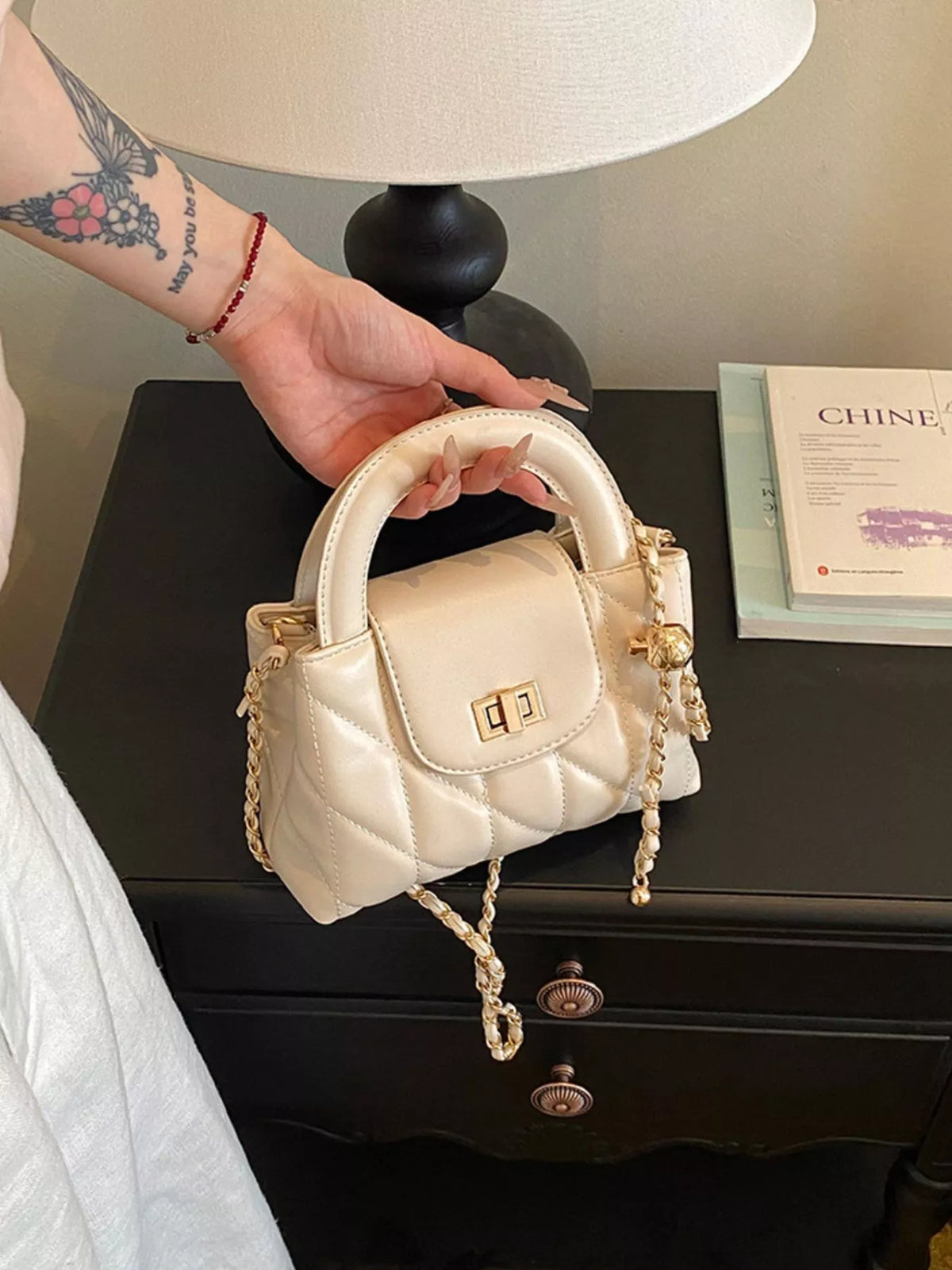 Quilted Chain Crossbody Bag for Women in Cream