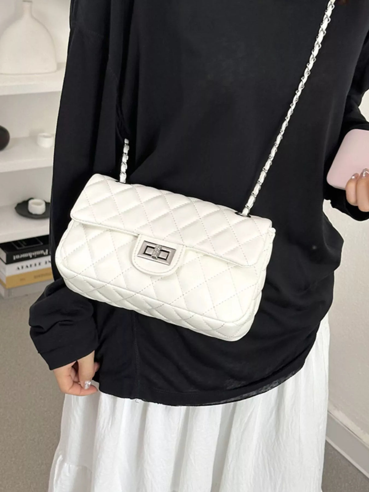Wide Flap Quilted Chain Crossbody Bag