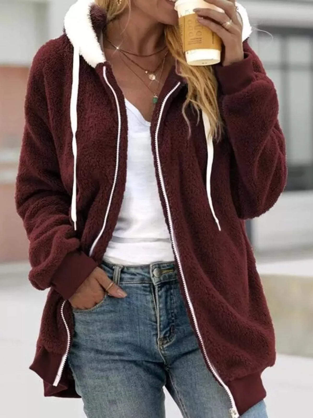 Cozy Fleece Zip-Up Hooded Jacket Plus Size